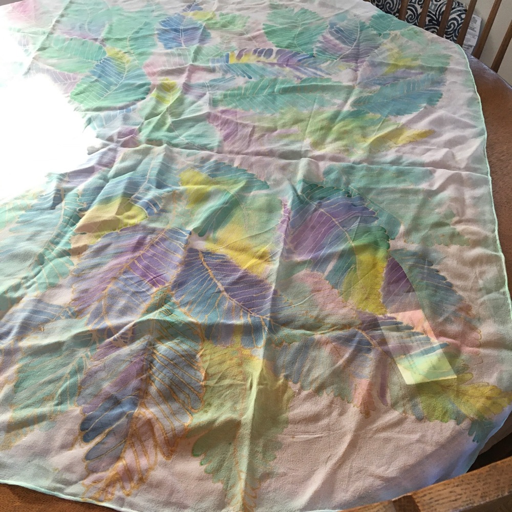 Silk scarf, hand painted, multi colored leaves